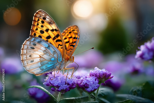 Orange and Blue Butterfly on Purple Flowers