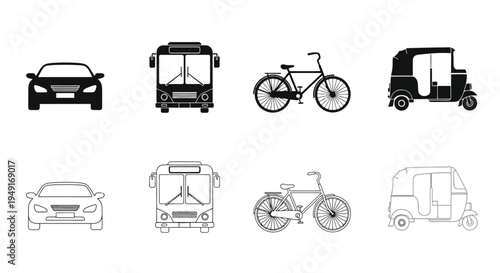 Black and white silhouettes of various transportation vehicles arranged in rows