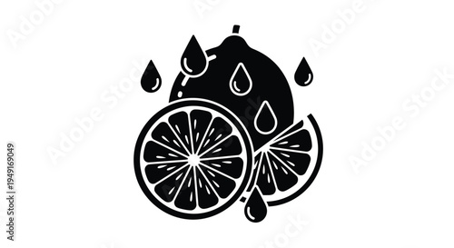 Black and white illustration of a lime with dripping juice and slices