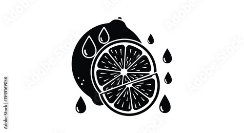 A black and white illustration of a cut citrus fruit with dripping juice