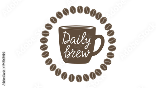 Daily Brew: A visual embodiment of the daily coffee ritual. Coffee beans encircle a mug. Perfect for coffee shop branding and designs related to cafe and the caffeine culture.