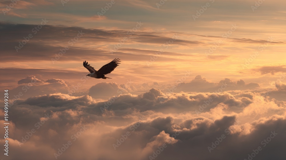 Fototapeta premium Majestic fish eagle soaring over cloudscape at dusk nature scene aerial view