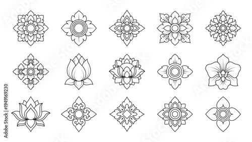 Traditional Thai flower symbol illustration collection inspired by lotus and Kanok motifs decorative ornamental elements for cultural design branding and packaging