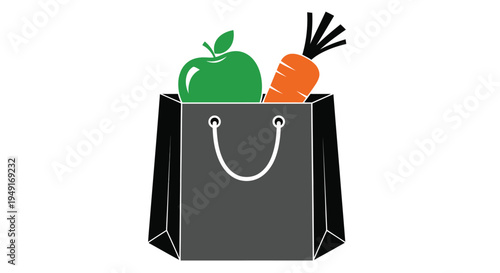 A black shopping bag filled with a green apple and an orange carrot