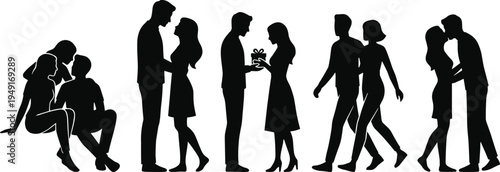 Romantic couples silhouette set, love relationship scenes, hugging kissing walking couples, gift giving moment, black vector isolated illustration collection