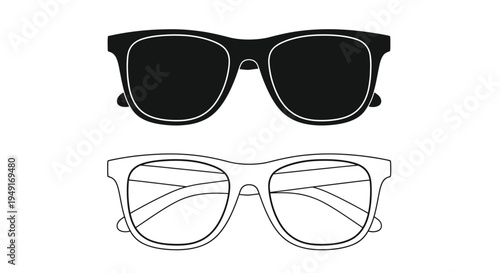 Black and white illustration of a pair of sunglasses shown in two styles
