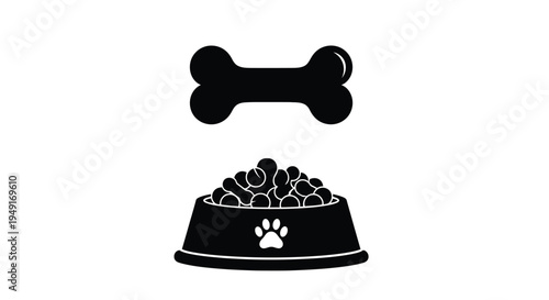 Black silhouette of a dog bowl filled with food and a bone