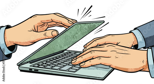Creative professional facing workplace interruption or corporate censorship illustrated as a hand closing a laptop lid in a pop art graphic novel style