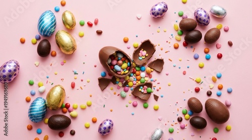 Chocolate Easter eggs and candy scattered on pink background with one broken egg