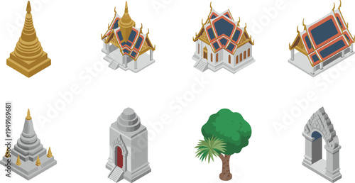 Isometric Asian temple architecture set with pagoda, shrine, monument, tree and gate, traditional cultural landmark vector illustration