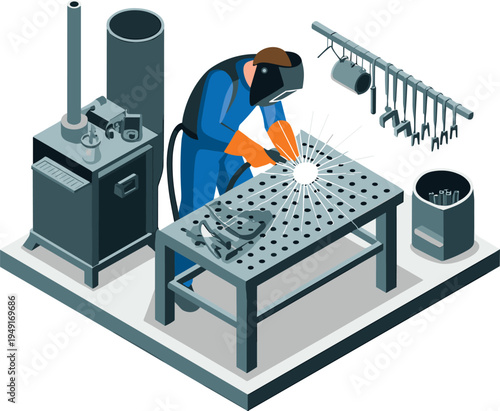 Industrial welder working metal workshop illustration, steel fabrication process with welding sparks, manufacturing worker equipment isometric vector industry design