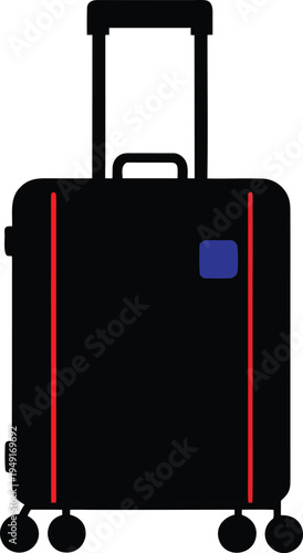Black rolling suitcase with red trim and blue accent isolated on white background