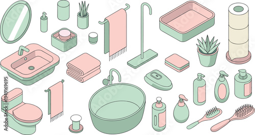 Isometric bathroom accessories collection, sink bathtub toilet towels mirror soap dispenser plants modern hygiene bathroom interior vector illustration set