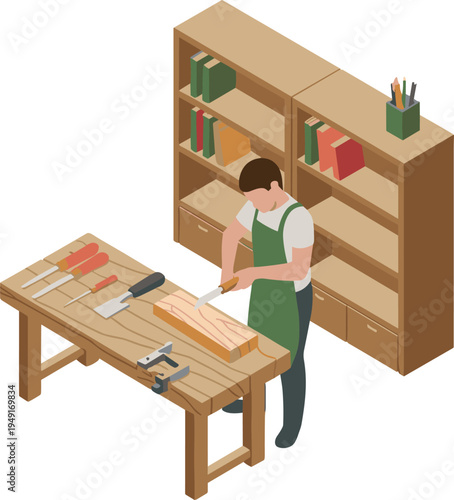 Isometric carpenter working at wooden workbench with tools, woodworking workshop interior, craftsman making furniture, flat vector illustration