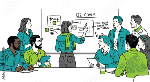 Strategic Q2 planning session featuring a diverse corporate team developing eco-tech synergy initiatives in a stylized graphic novel aesthetic for B2B marketing presentations.