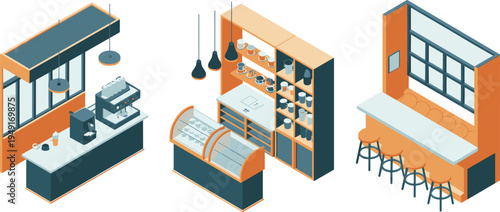 Isometric coffee shop interior collection with espresso bar, bakery display counter and cafe seating area vector illustration