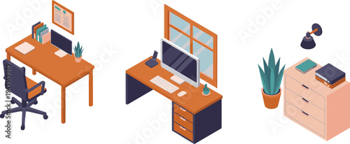 Isometric home office workspace set, desk computer chair cabinet plant lamp, modern interior furniture collection vector illustration design
