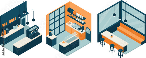 Isometric modern coffee shop interior set with bar counter, espresso machine, cafe seating and bakery display vector illustration
