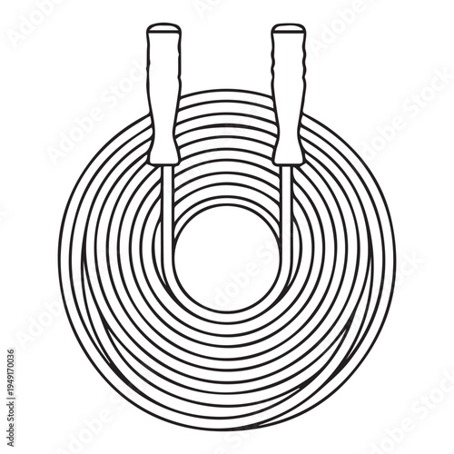 Simple black and white line art vector illustration of a coiled jump rope with two handles, ideal for fitness, exercise, and sports graphic design.