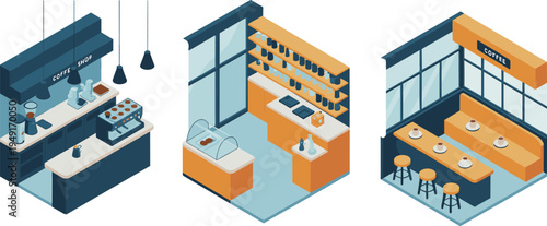 Isometric modern coffee shop interior set, cafe counter barista equipment shelves and seating area, coffeehouse vector illustration collection