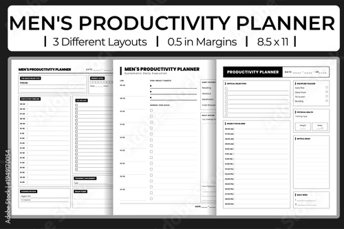 Mens productivity planner vector template with high impact habit tracking.