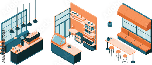 Isometric modern coffee shop interior, cafe counter barista station shelves and seating area, coffeehouse vector illustration design set