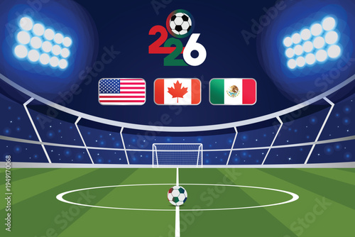 2026 Football Soccer World cup with color Flags of the Co-Host Flags of United States , Canada, and Mexico. world cup 2026 background	