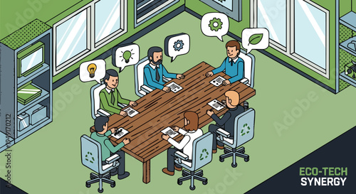 Strategic Leadership Team Developing Corporate ESG Sustainability Initiatives and Eco-Tech Solutions in a Collaborative Boardroom Setting