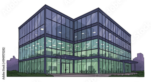 Modern Sustainable Corporate Headquarters Illustration for Innovative B2B Tech Startup and Commercial Real Estate Marketing Storytelling