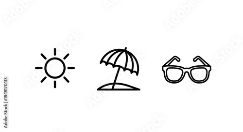 Summer Vacation Icons Sun, Umbrella, Sunglasses