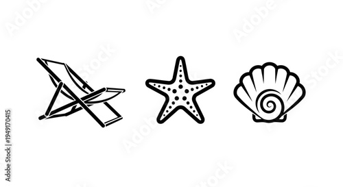 Beach Vacation Icons Deck Chair, Starfish and Seashell