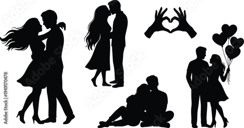 Romantic love silhouette set, couple hugging kissing sitting hearts balloons relationship black vector isolated illustration collection