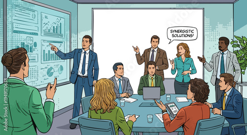 B2B Marketing Agency Team Brainstorming Strategy in Retro Pop Art Style for High-End Corporate Campaigns