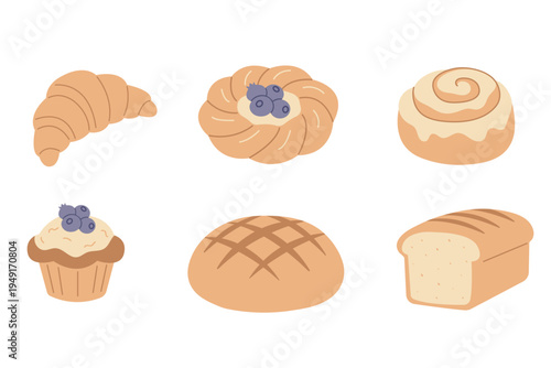 Bakery products set with bread croissant and sweet pastry vector illustration.