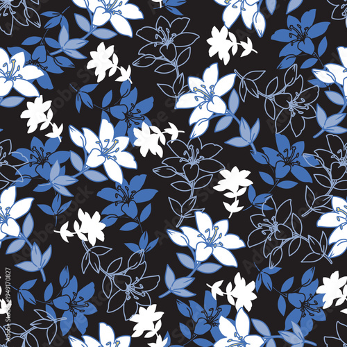 Blue and White Lily Flower Silhouettes Pattern. Elegant seamless floral pattern featuring white lily flower. Perfect for botanical wallpapers, fabric prints, and elegant nature-themed designs.