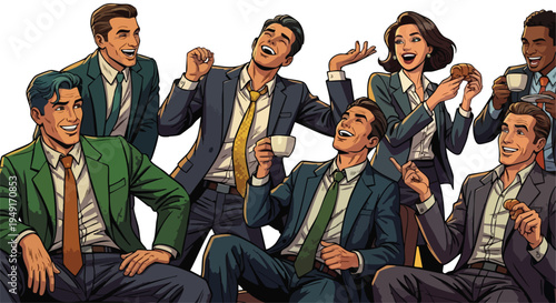 Successful diverse corporate team celebrating campaign victory during social mixer in retro comic pop art style for high-end creative agency branding