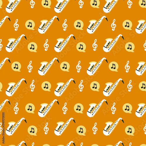Bold Orange Music Pattern Featuring Saxophones. Seamless pattern featuring detailed saxophones and music notes, Great for jazz, music festival themes, kid designs, and music-themed prints.