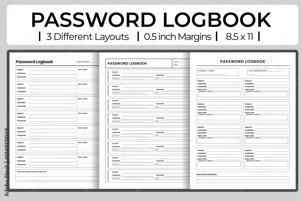 Obraz premium Secure password logbook vector template for website and account information management.