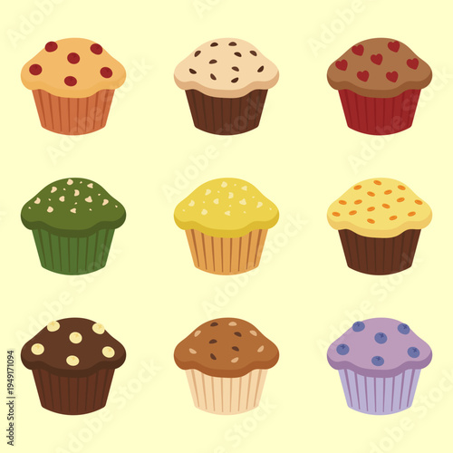 Sweet cupcakes and muffins collection with different flavors vector illustration.