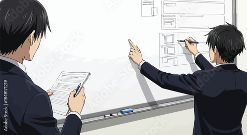 Agile UI/UX Design Team Mapping User Journeys and Strategic Product Workflows on a Collaborative Office Whiteboard