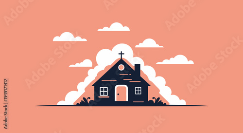 Small house with orange door and clock.