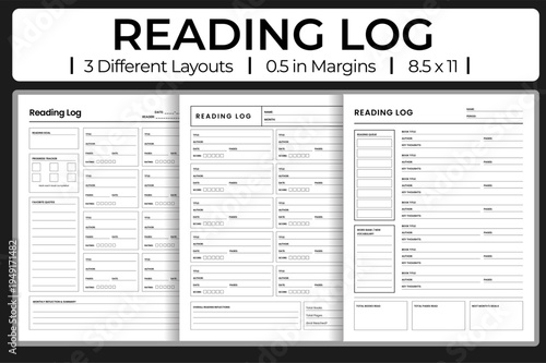 Reading Log printable vector template for book tracking with reading goals, quotes, and monthly summary layouts for student organization.