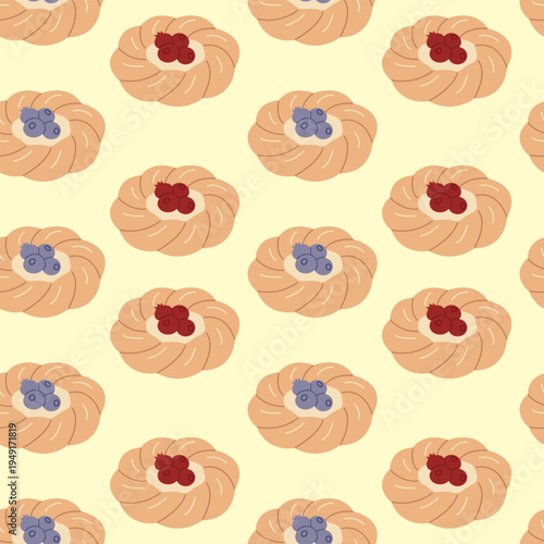 Sweet danish pastry with berries seamless pattern vector illustration.