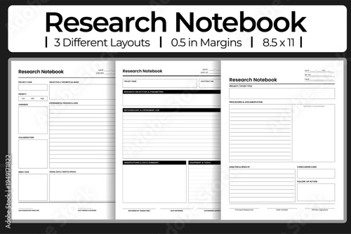 Research Notebook printable vector template for laboratory experiments with data summary, methodology logs, and scientific observation layouts.