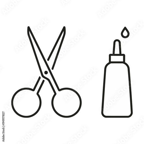 A vector illustration of scissors and a glue bottle with a dropper