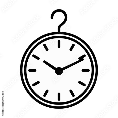Black and white vector illustration of a stopwatch hanging from a hook