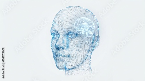 Abstract digital human face with neural network design and glowing brain representation in blue colors