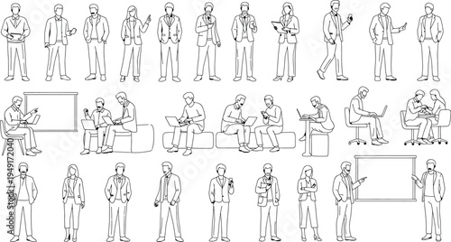 A collection of 25 black and white line drawings of people isolated on transparent background