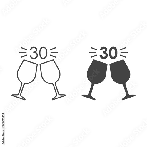 Two vector wine glasses clinking to celebrate a 30th anniversary