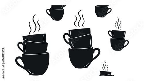 Stack of Cups Silhouette: A minimalist illustration of stacked cups, steam rising from each, hinting at a moment of warmth and a gathering for a soothing beverage.